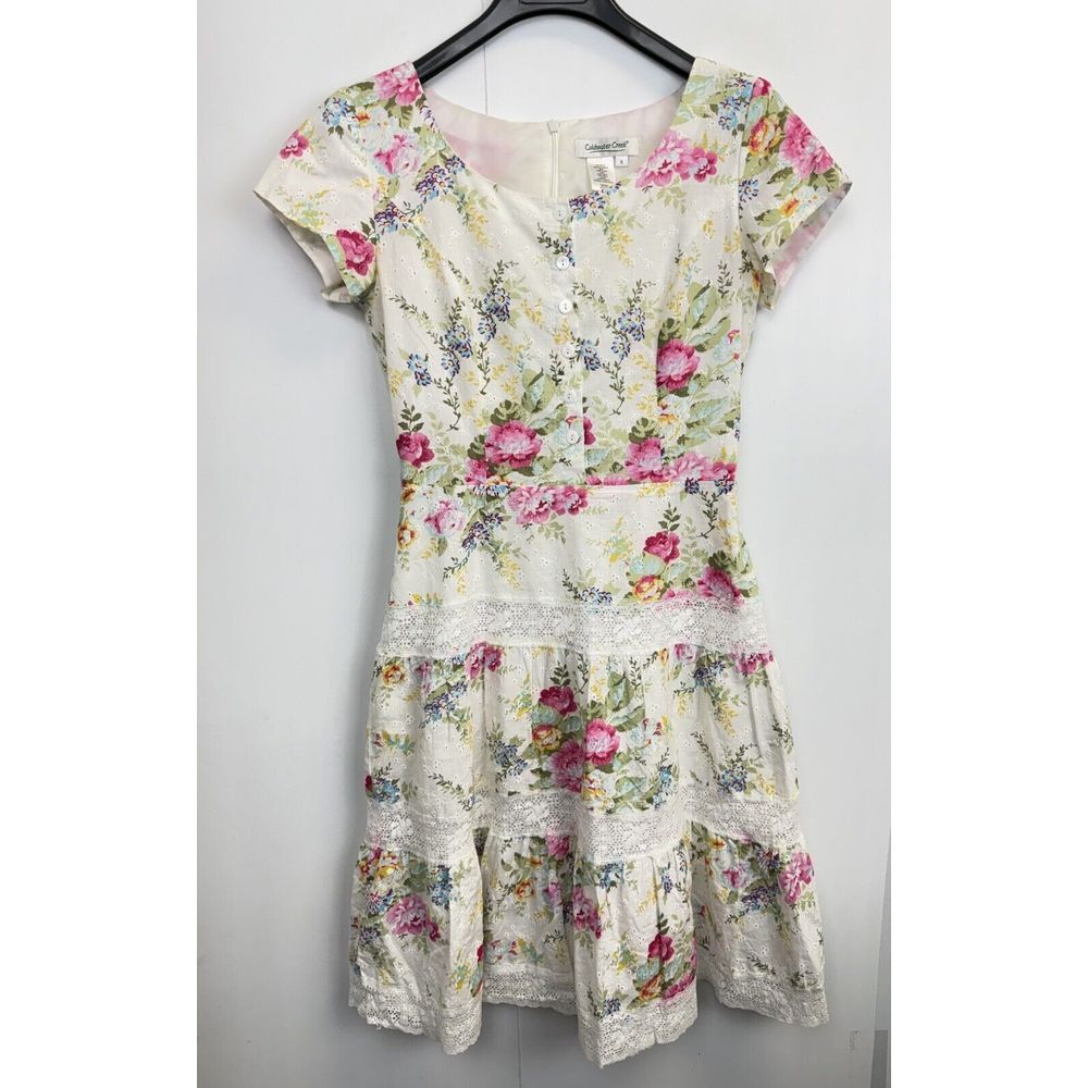 Coldwater Creek Dress Women's 6 Lace Trim Floral Cap Sleeve Lined A-Line Eyelet